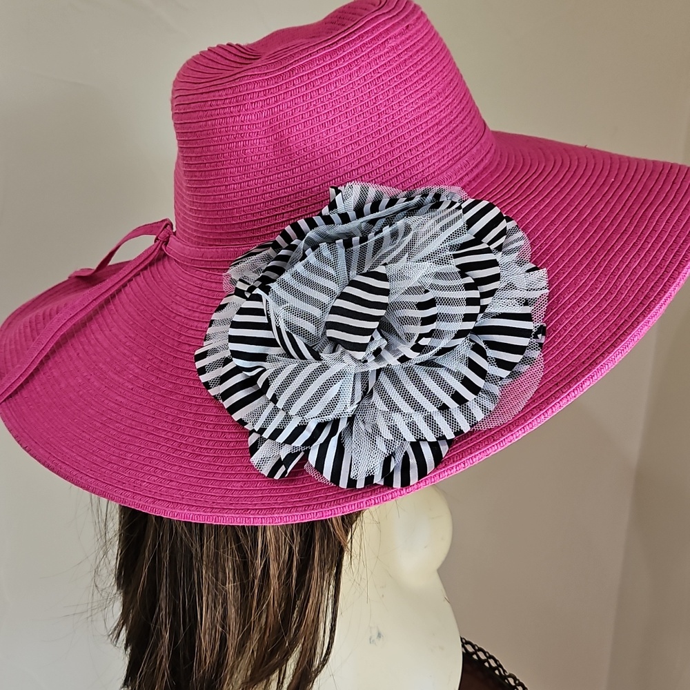 Scala Pink w/Black White Flower On Side Tea Church Pool Floppy Hat